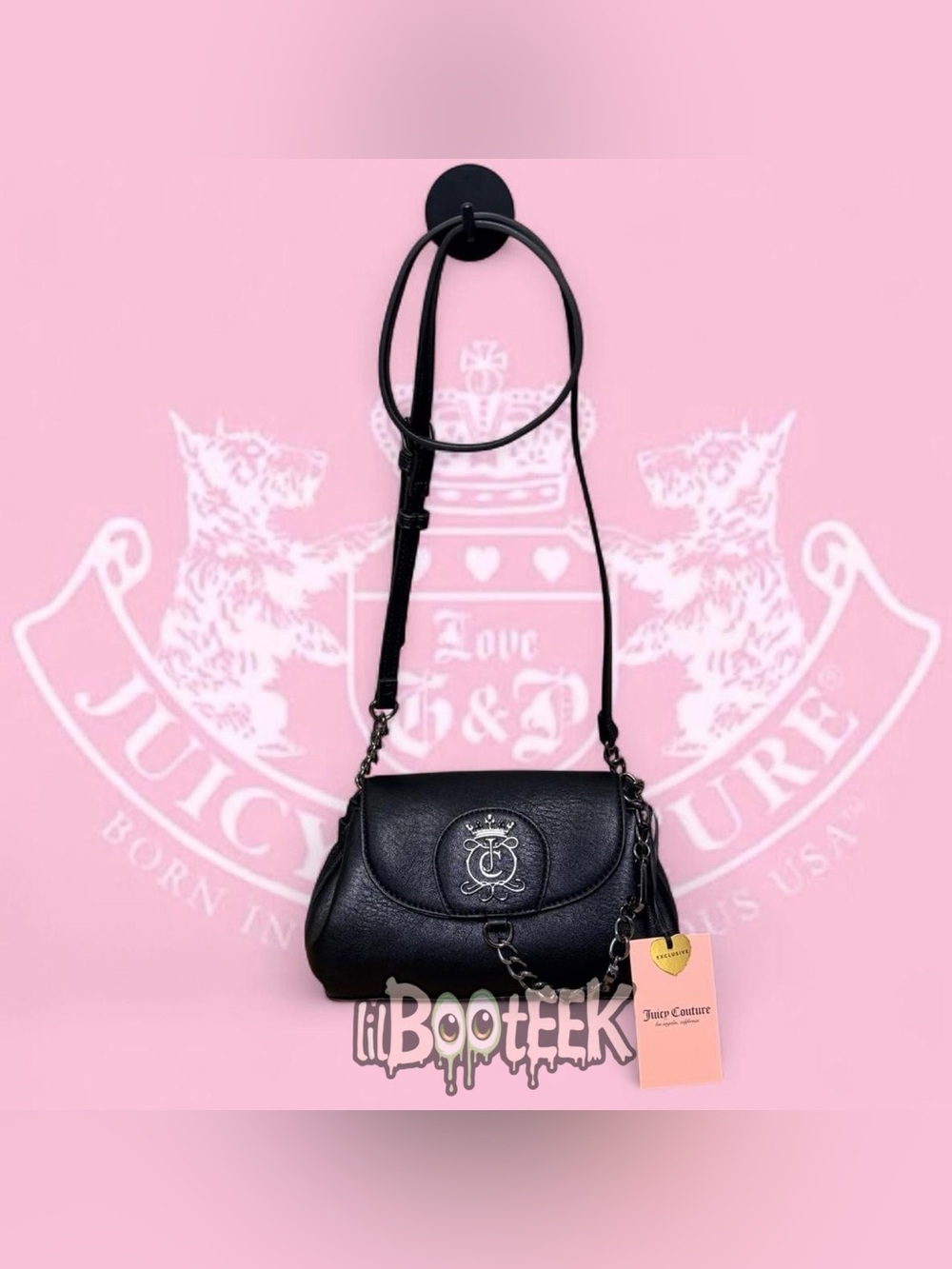 Juicy Couture Black Faux Leather Crossbody Bag with Chain & Charm Detail Y2K NEW